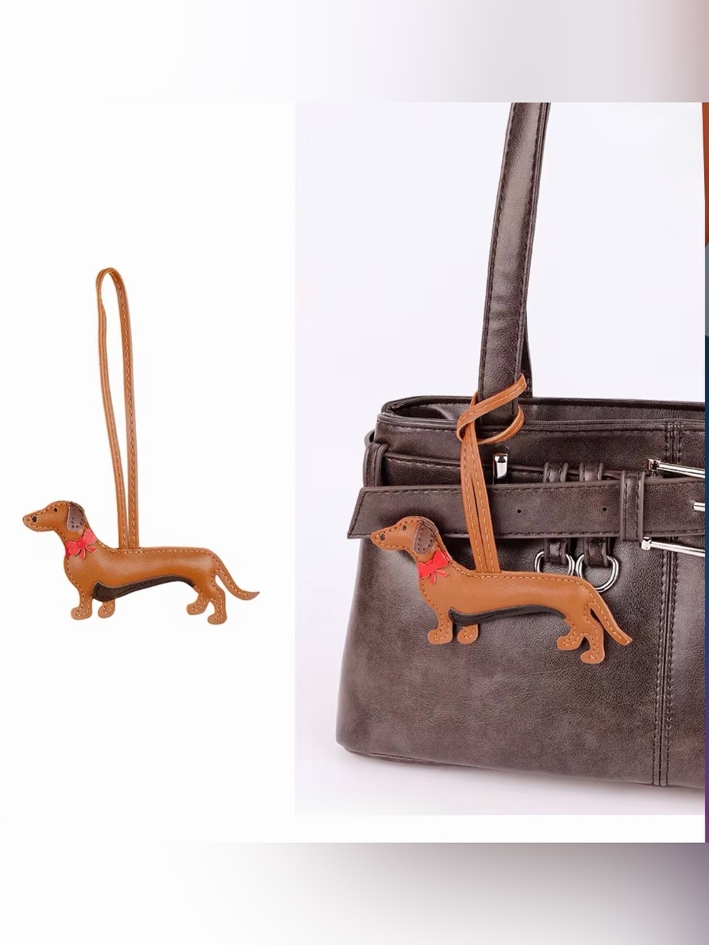 Dachshund Leather Bag Charm Key - Tan - Picture 3 of 4